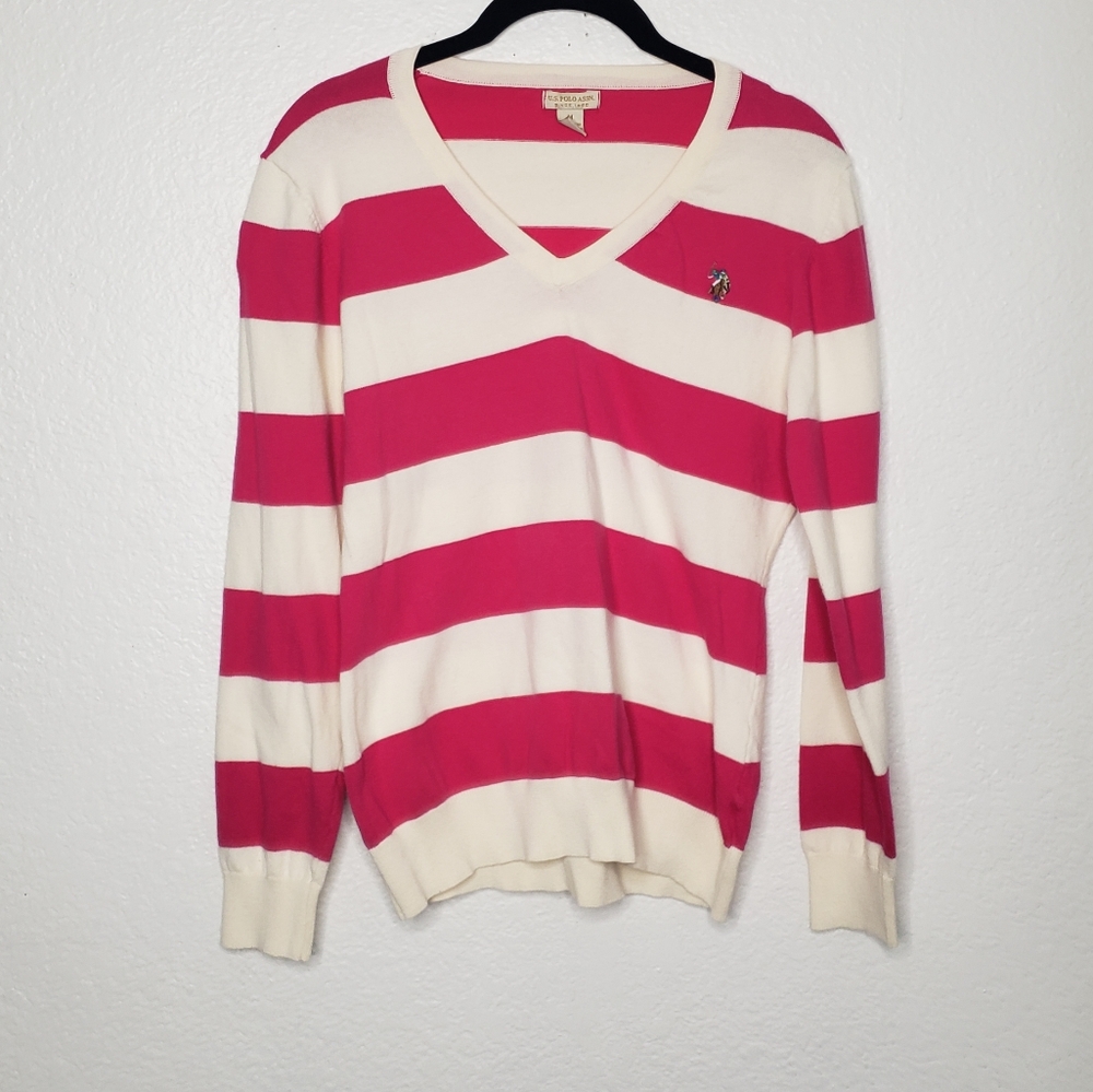 US Polo Assn. Women's Pink and Cream Striped Sweater Size Medium